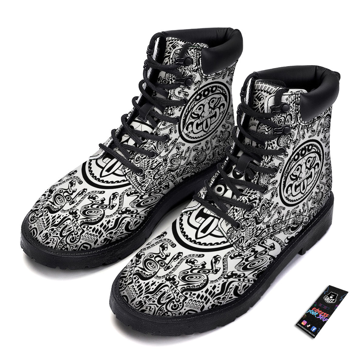 Maya Calendar White And Black Print Boots-grizzshop