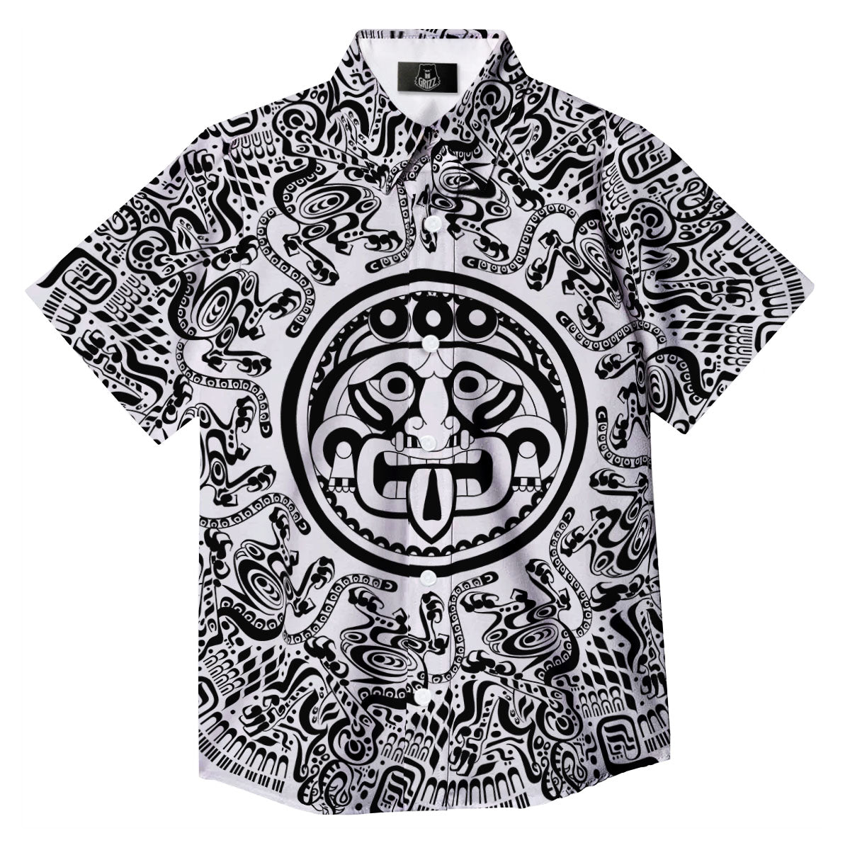 Maya Calendar White And Black Print Button Up Shirt-grizzshop