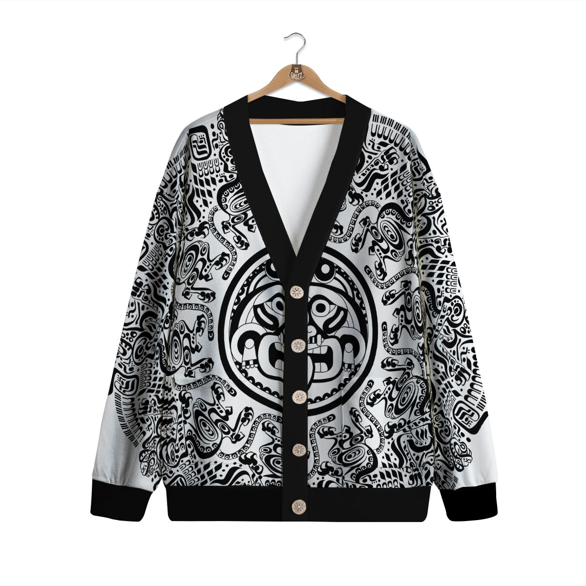 Maya Calendar White And Black Print Cardigan-grizzshop