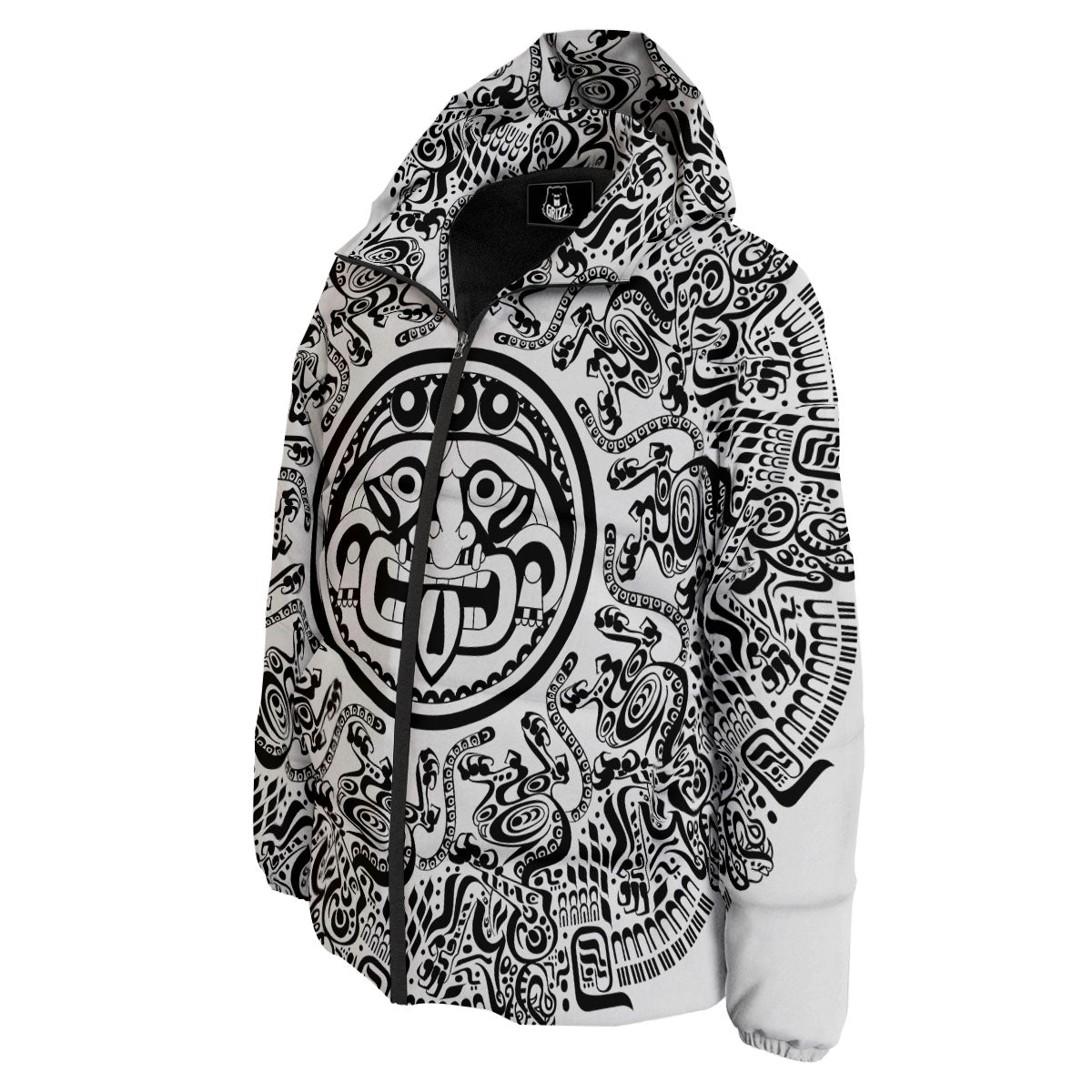 Maya Calendar White And Black Print Down Jacket-grizzshop