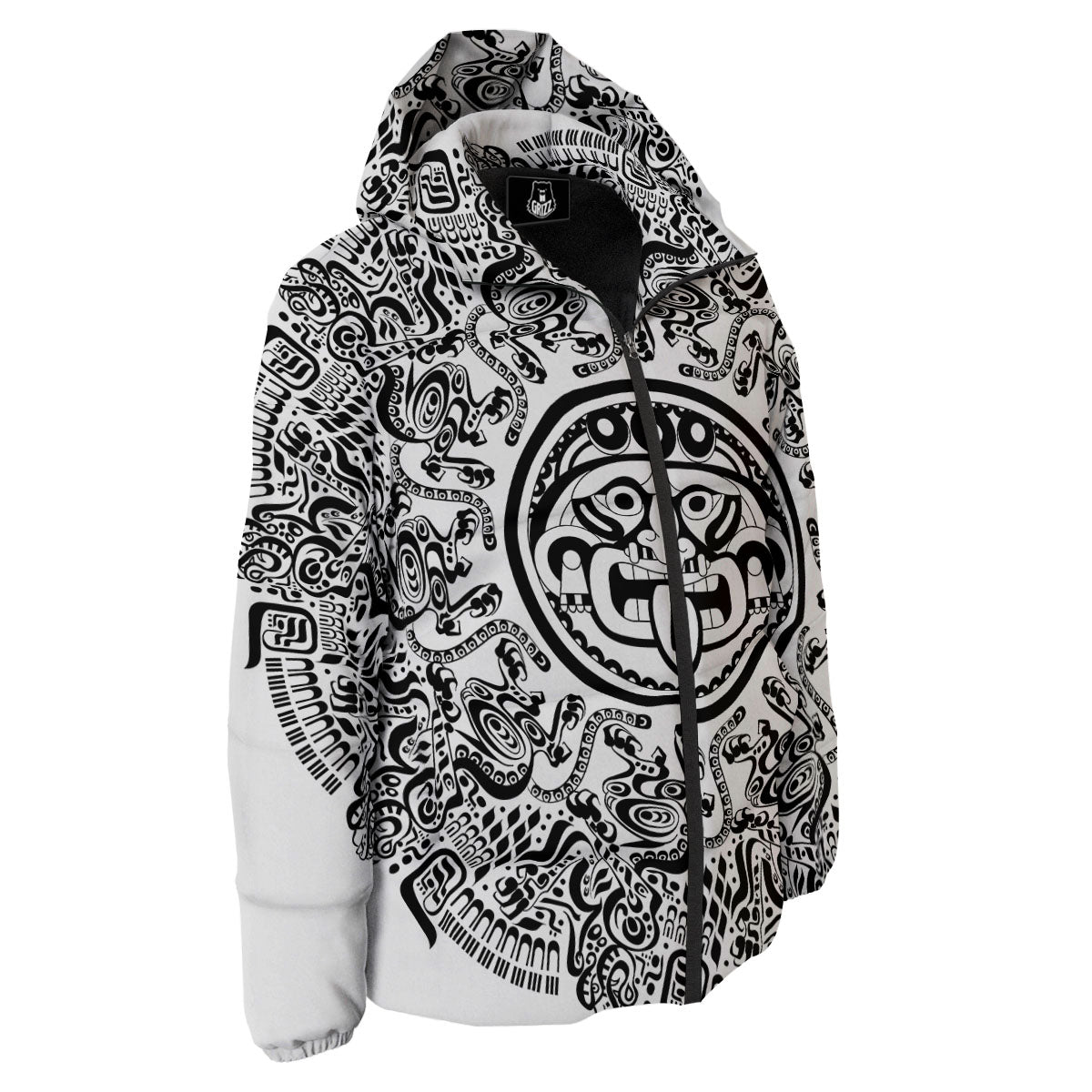 Maya Calendar White And Black Print Down Jacket-grizzshop
