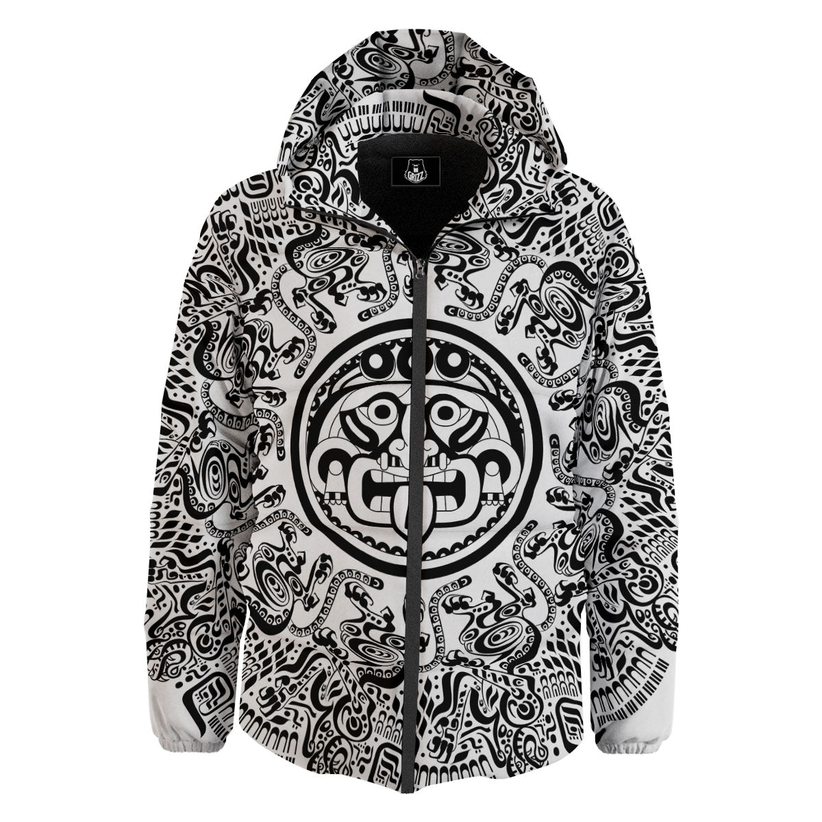 Maya Calendar White And Black Print Down Jacket-grizzshop