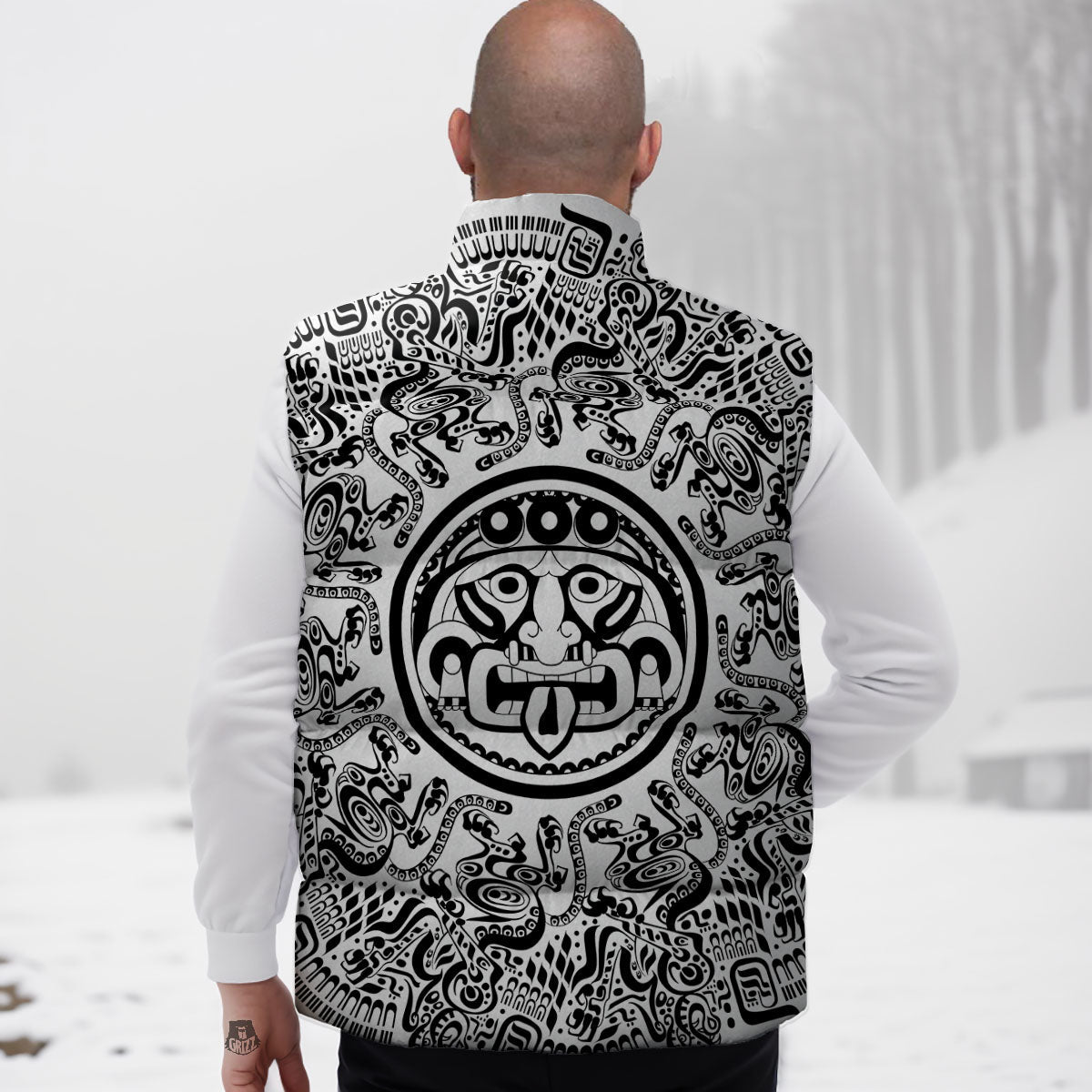 Maya Calendar White And Black Print Down Vest