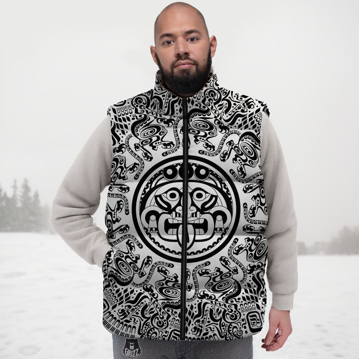 Maya Calendar White And Black Print Down Vest