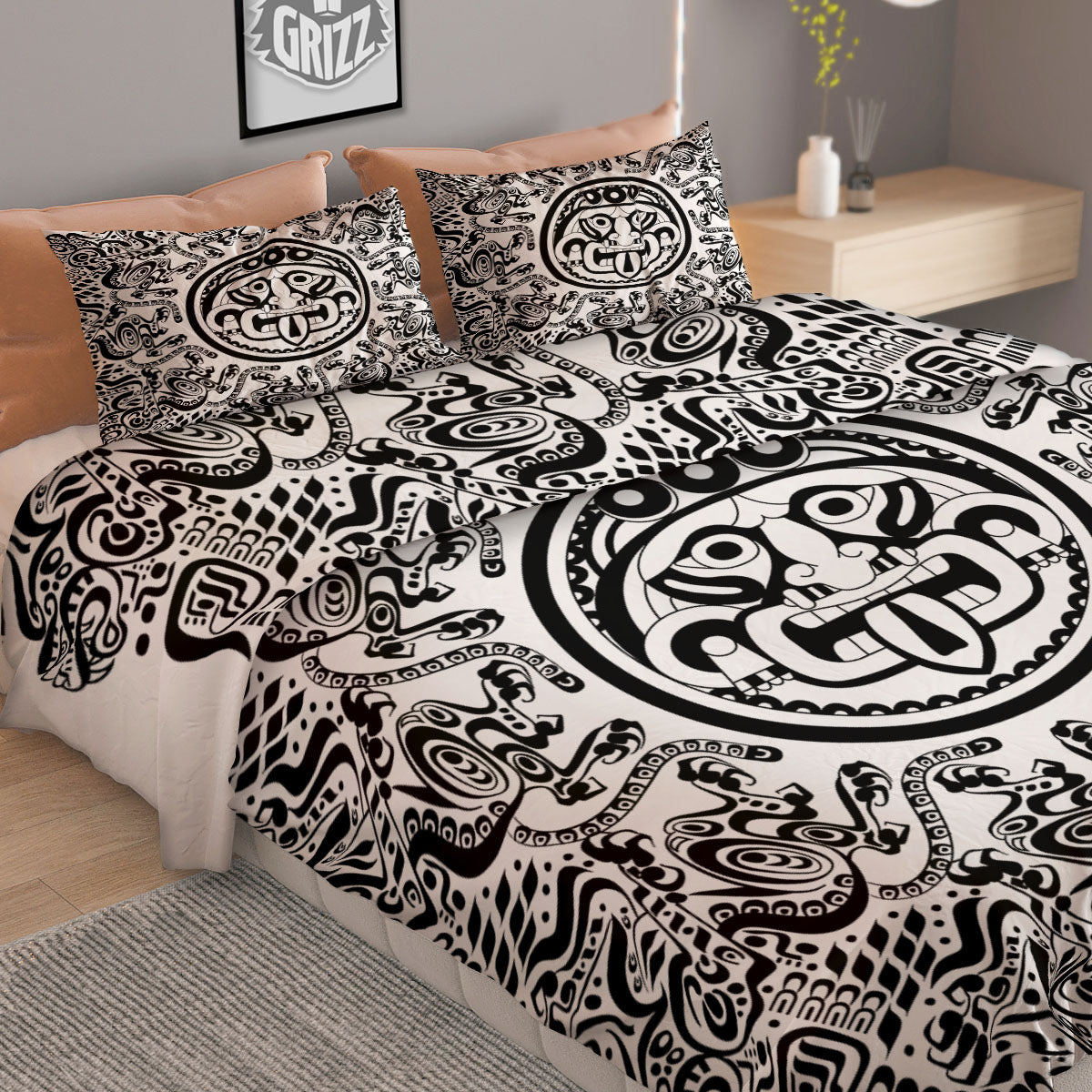 Maya Calendar White And Black Print Duvet Cover Bedding Set