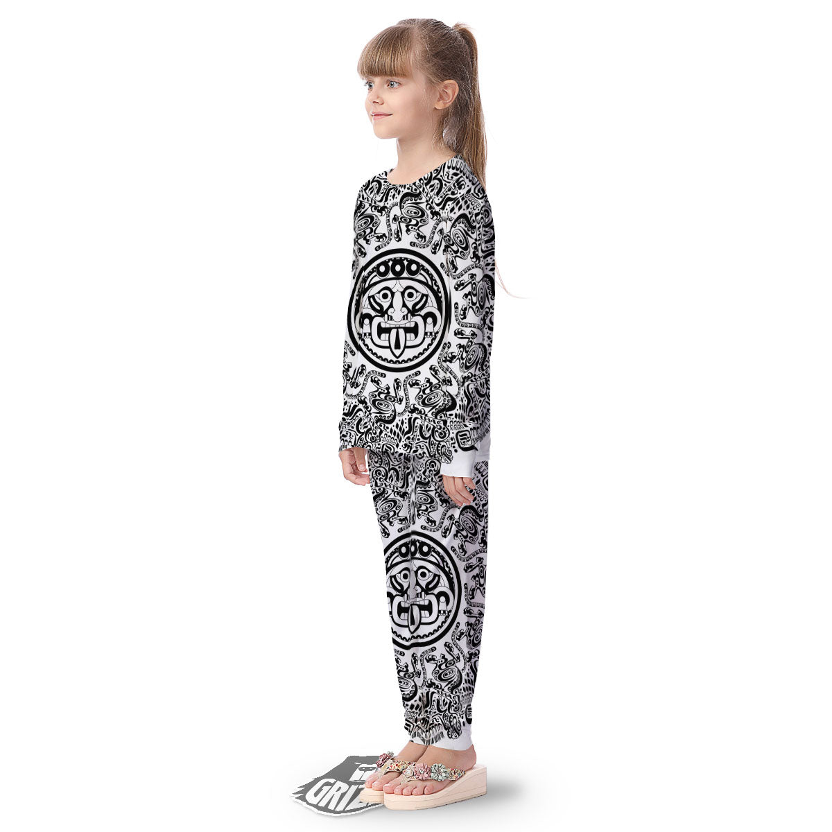 Maya Calendar White And Black Print Kid's Pajamas-grizzshop