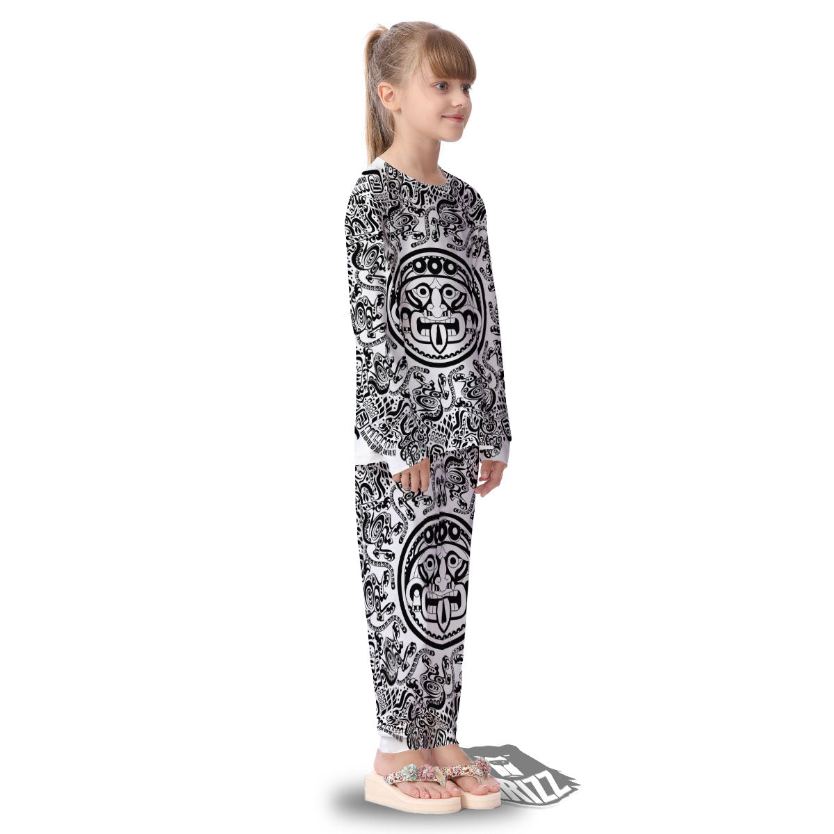 Maya Calendar White And Black Print Kid's Pajamas-grizzshop