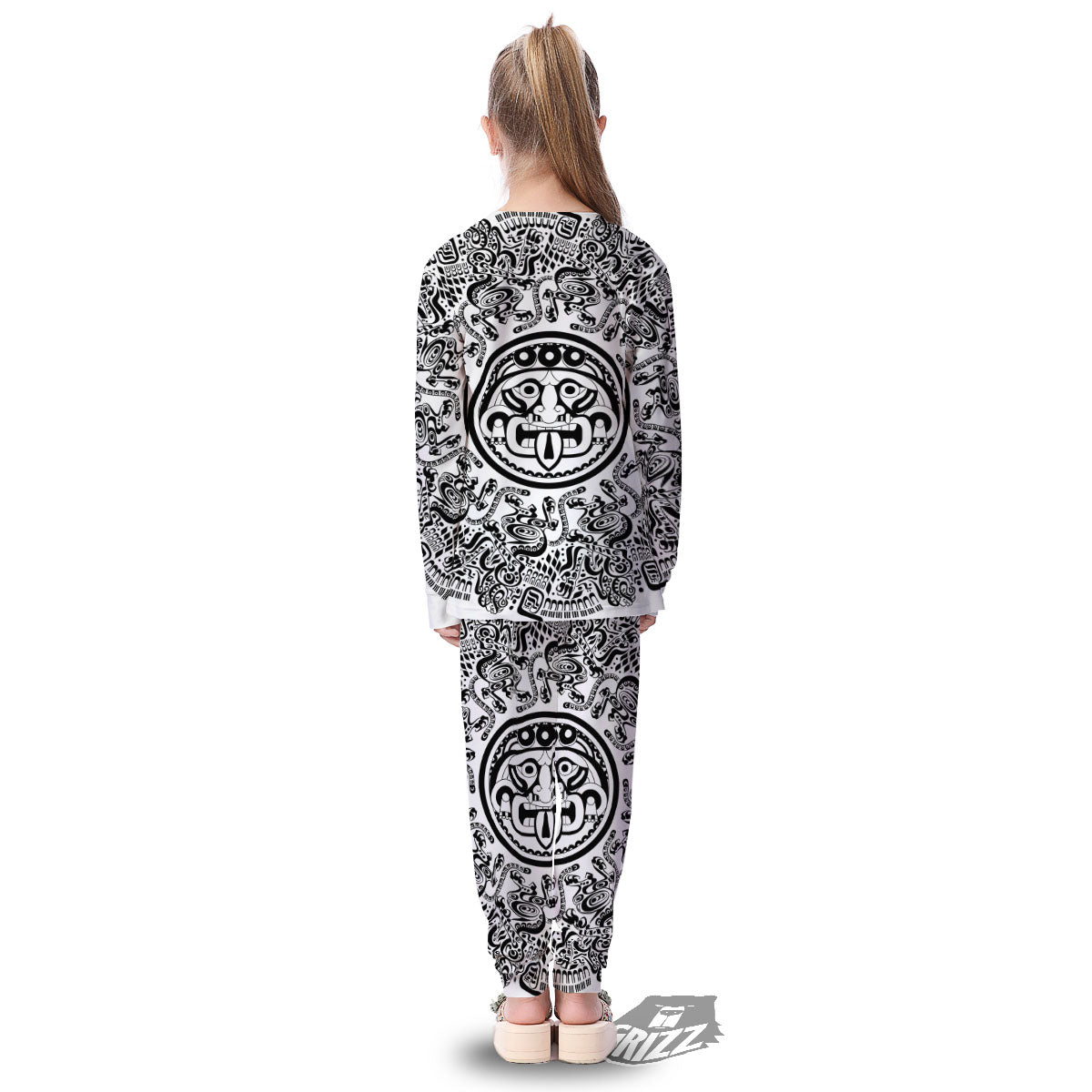 Maya Calendar White And Black Print Kid's Pajamas-grizzshop
