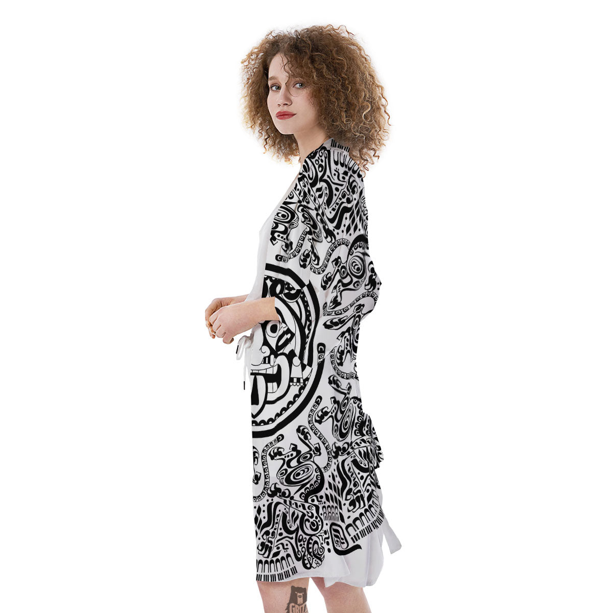 Maya Calendar White And Black Print Kimono-grizzshop
