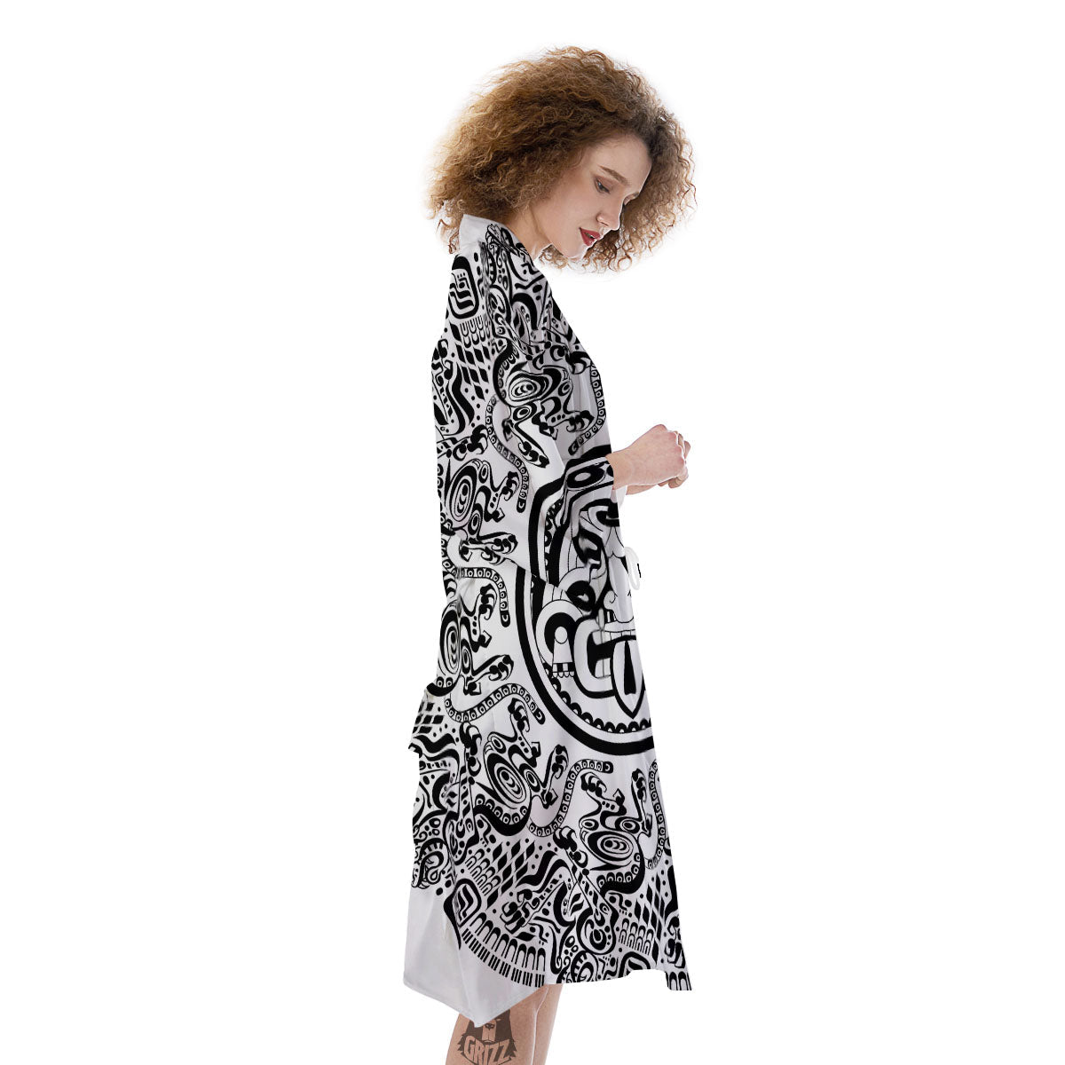 Maya Calendar White And Black Print Kimono-grizzshop