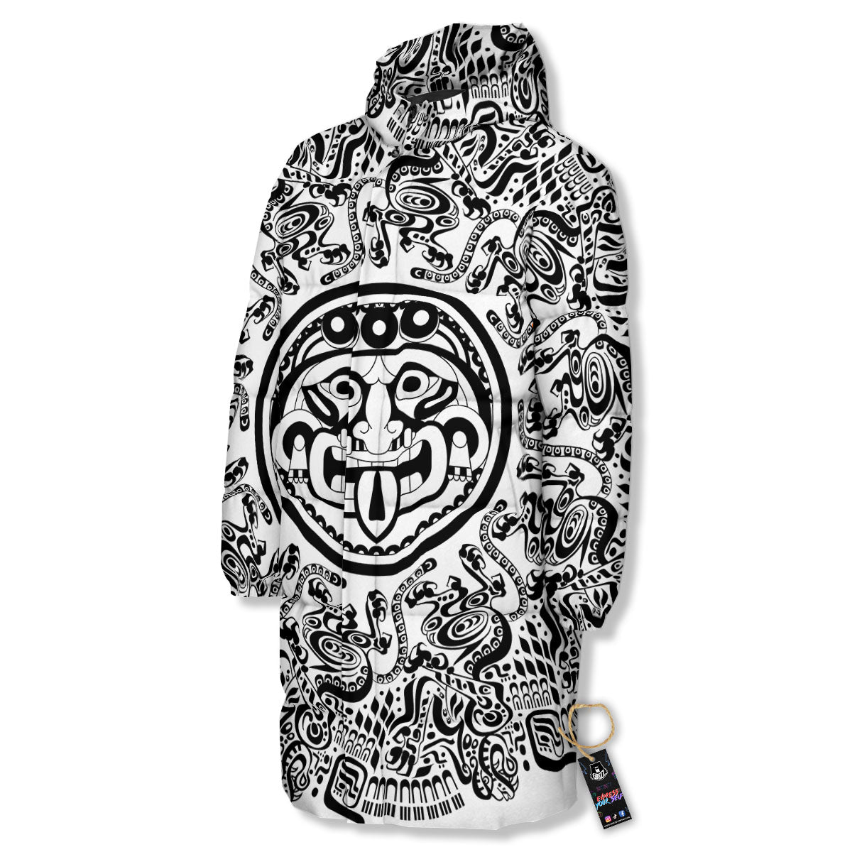 Maya Calendar White And Black Print Long Down Jacket-grizzshop