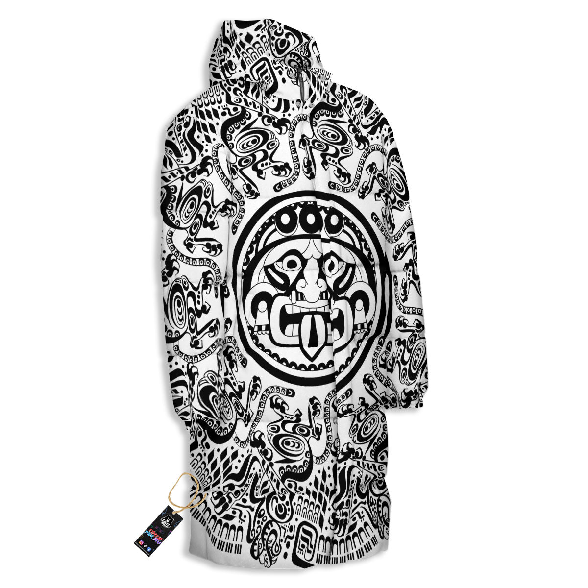 Maya Calendar White And Black Print Long Down Jacket-grizzshop