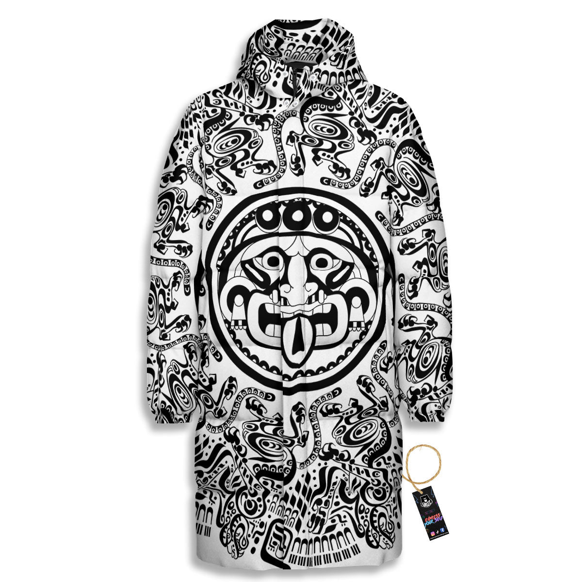 Maya Calendar White And Black Print Long Down Jacket-grizzshop