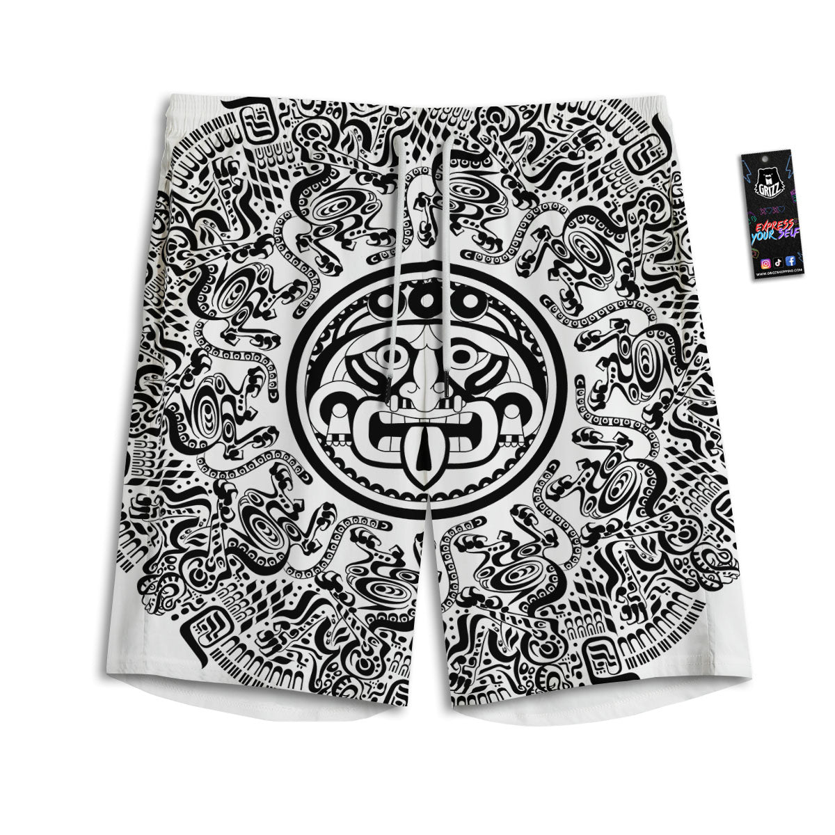 Maya Calendar White And Black Print Men's Athletic Shorts