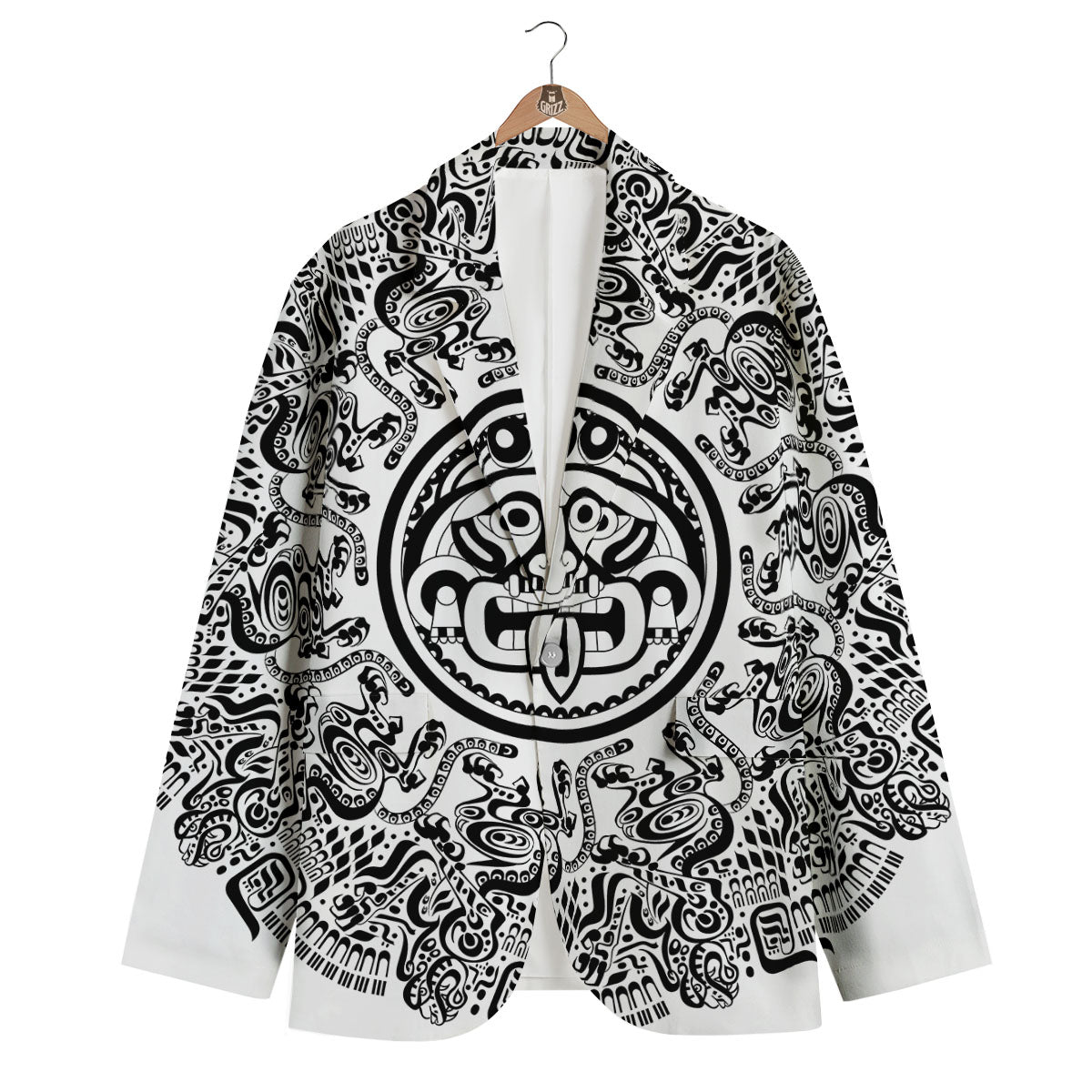 Maya Calendar White And Black Print Men's Blazer-grizzshop