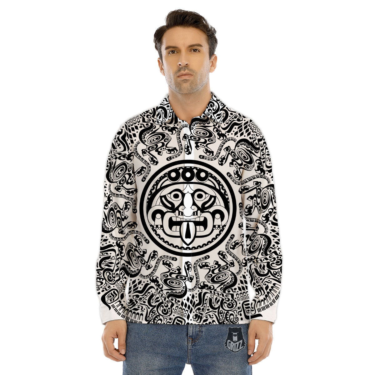 Maya Calendar White And Black Print Men's Dress Shirts-grizzshop
