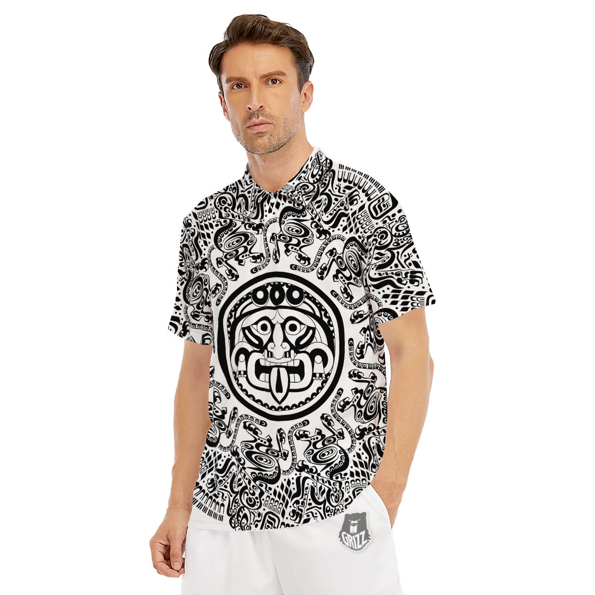 Maya Calendar White And Black Print Men's Golf Shirts-grizzshop