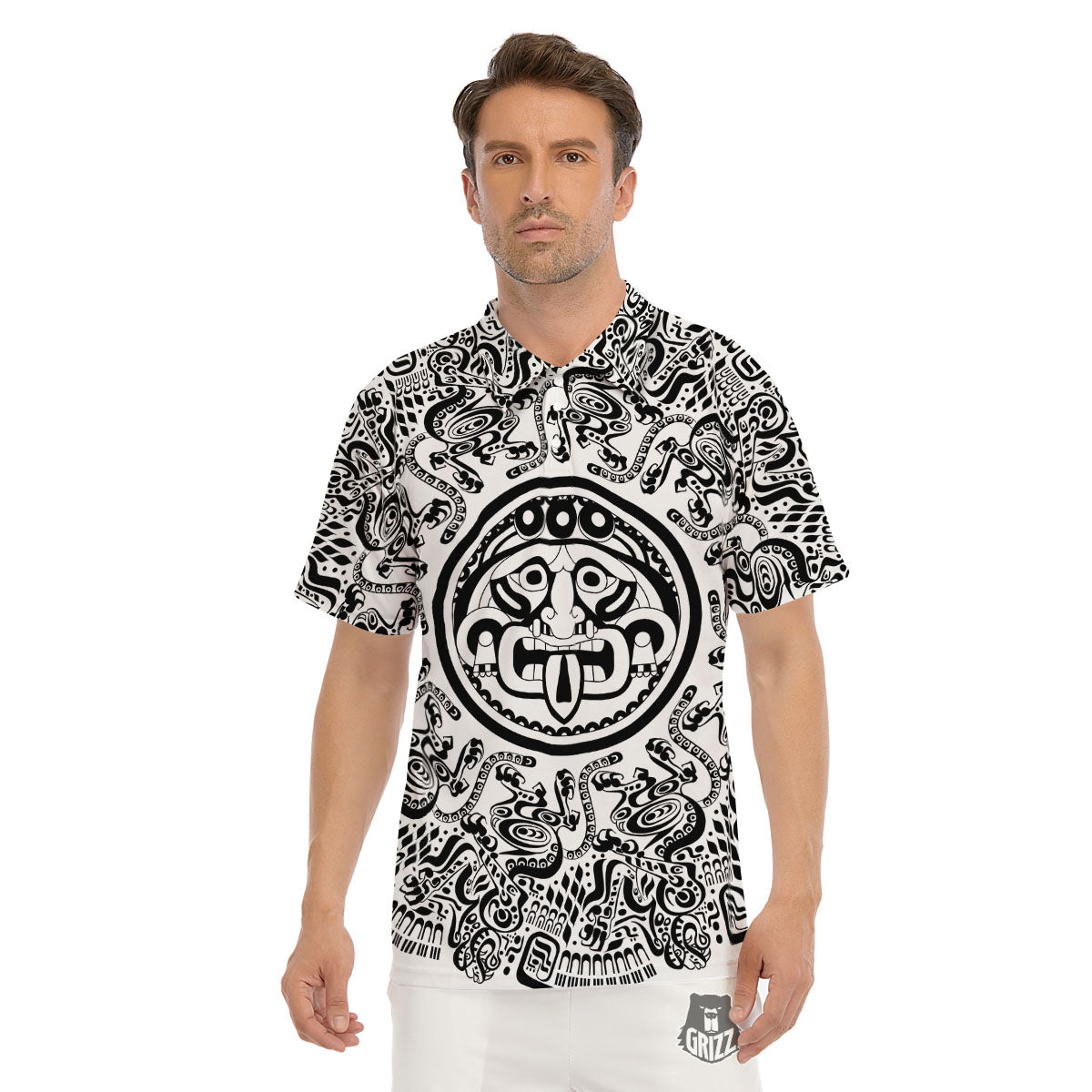 Maya Calendar White And Black Print Men's Golf Shirts-grizzshop