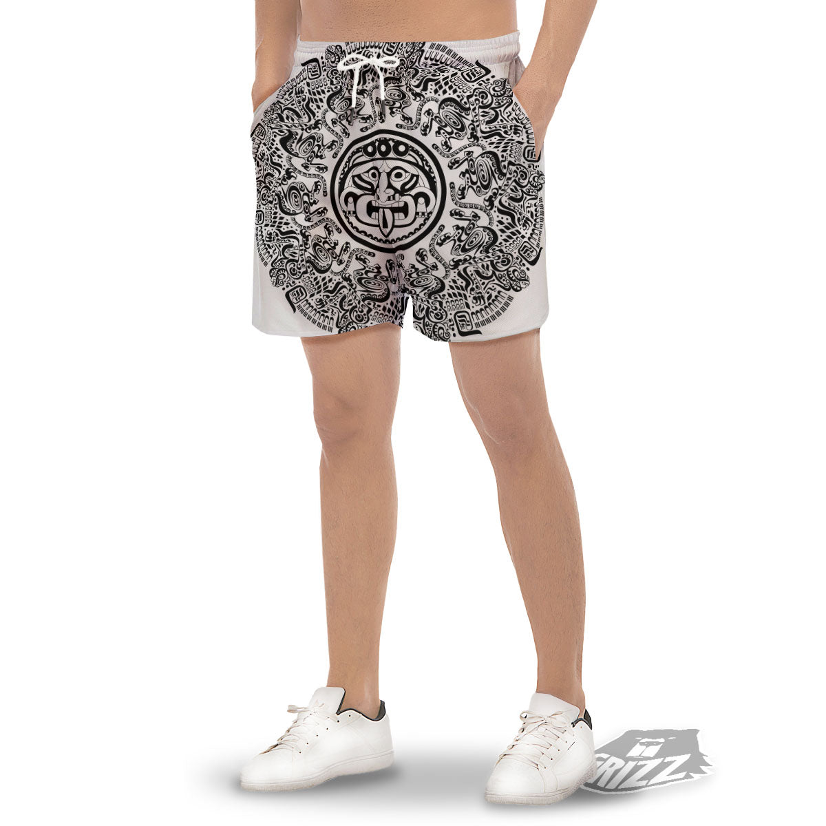 Maya Calendar White And Black Print Men's Gym Shorts-grizzshop