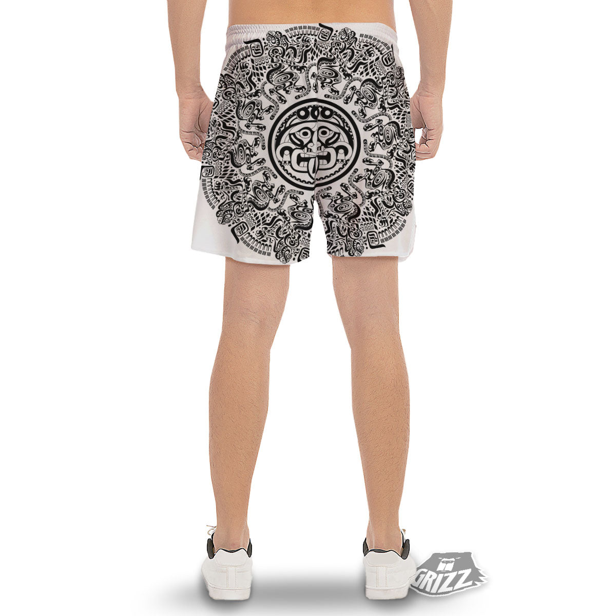 Maya Calendar White And Black Print Men's Gym Shorts-grizzshop