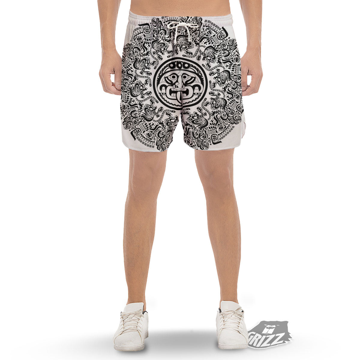 Maya Calendar White And Black Print Men's Gym Shorts-grizzshop