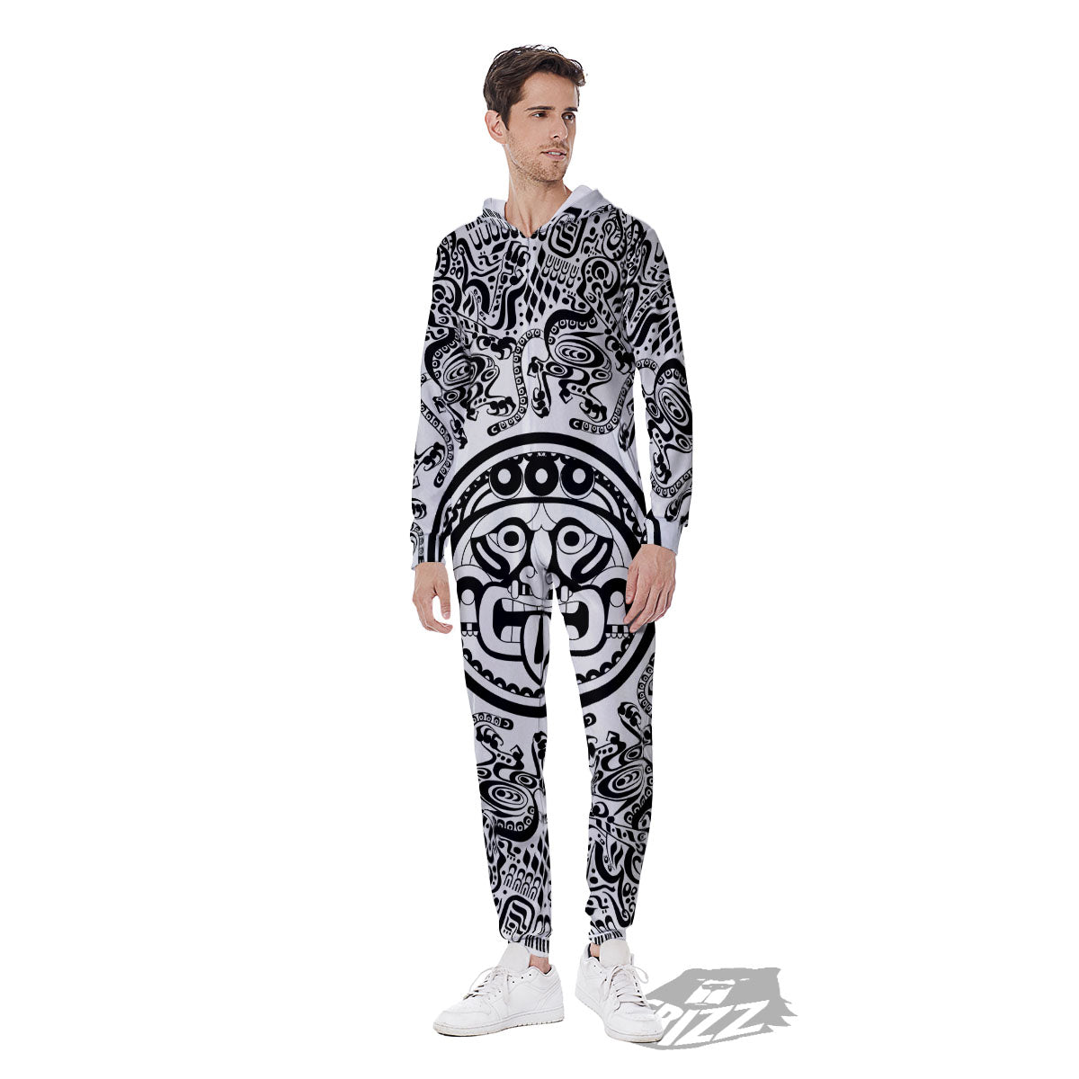 Maya Calendar White And Black Print Men's Jumpsuit-grizzshop