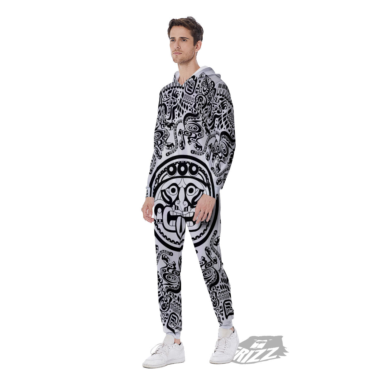 Maya Calendar White And Black Print Men's Jumpsuit-grizzshop