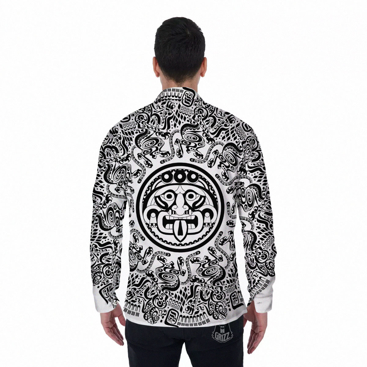 Maya Calendar White And Black Print Men's Long Sleeve Shirts-grizzshop