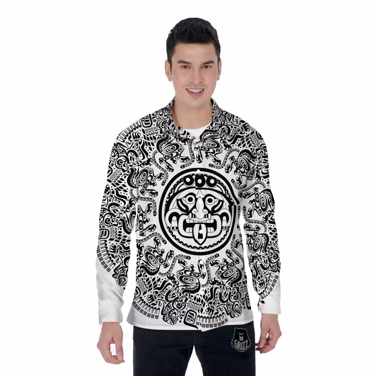 Maya Calendar White And Black Print Men's Long Sleeve Shirts-grizzshop