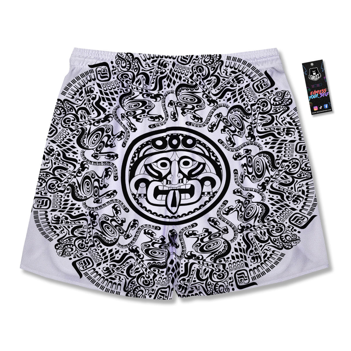 Maya Calendar White And Black Print Men's Running Shorts-grizzshop
