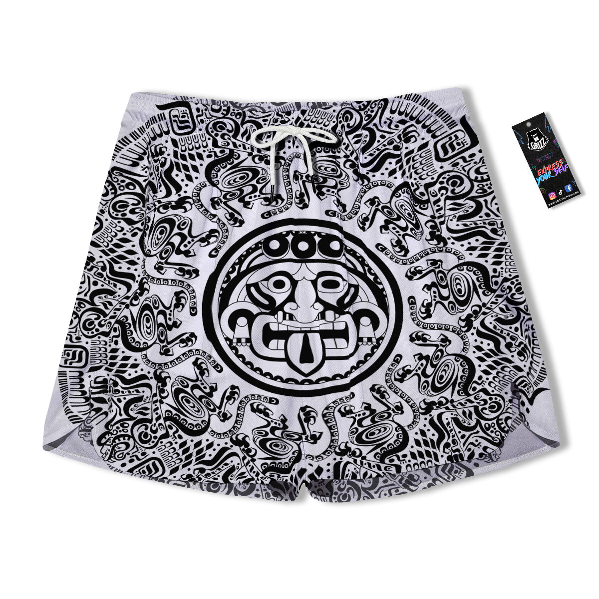 Maya Calendar White And Black Print Men's Running Shorts-grizzshop