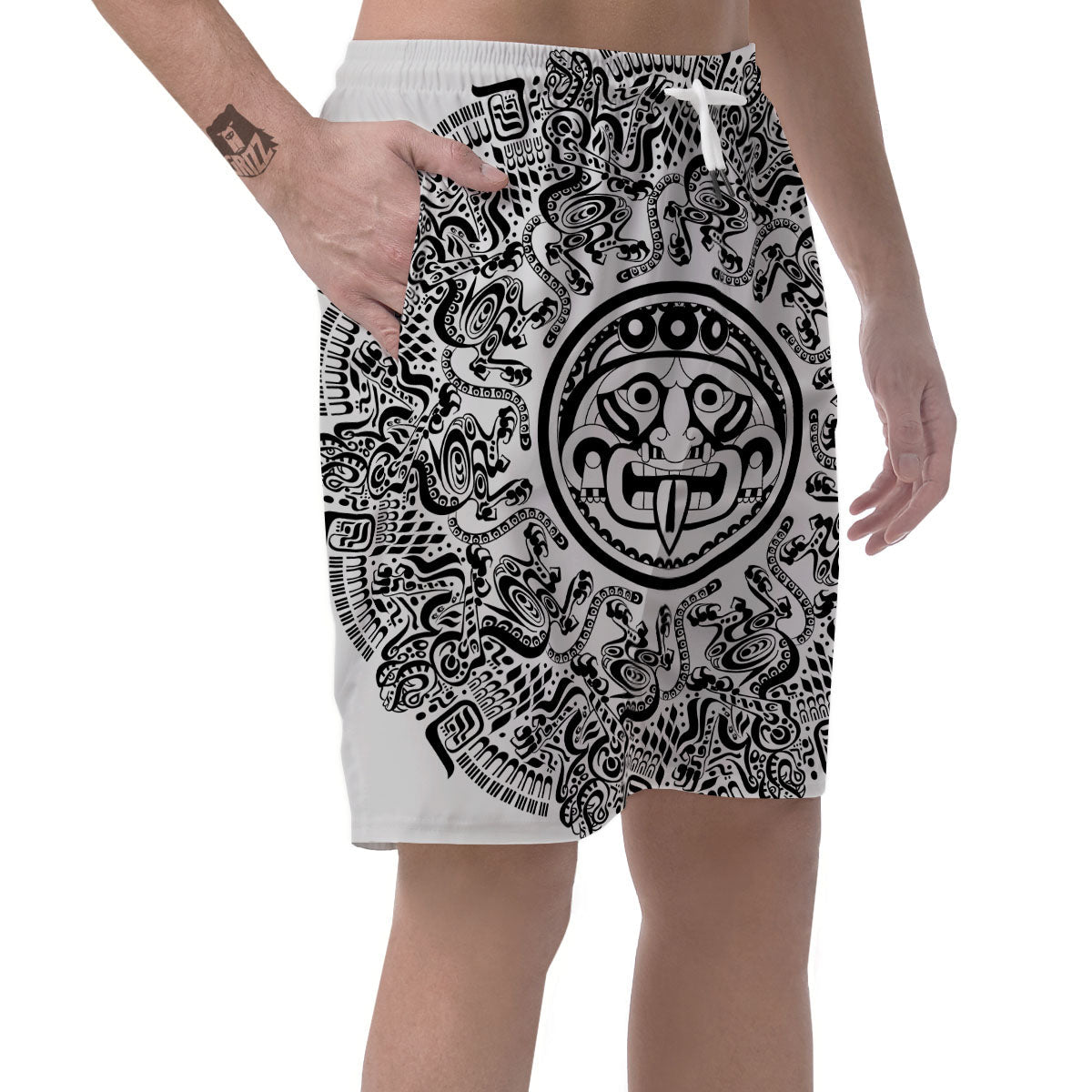 Maya Calendar White And Black Print Men's Shorts-grizzshop