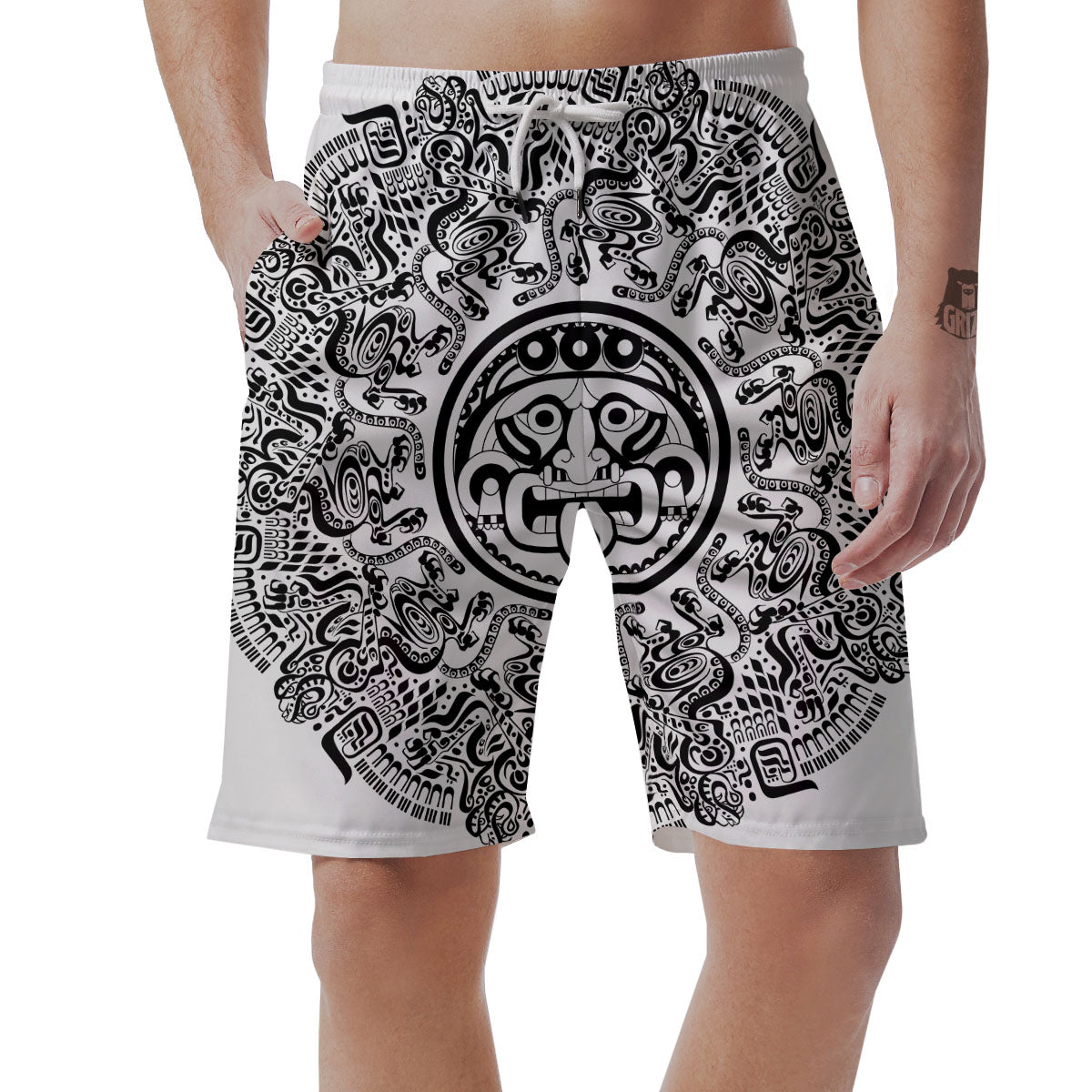 Maya Calendar White And Black Print Men's Shorts-grizzshop