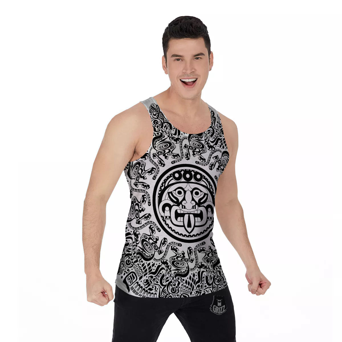 Maya Calendar White And Black Print Men's Tank Top-grizzshop