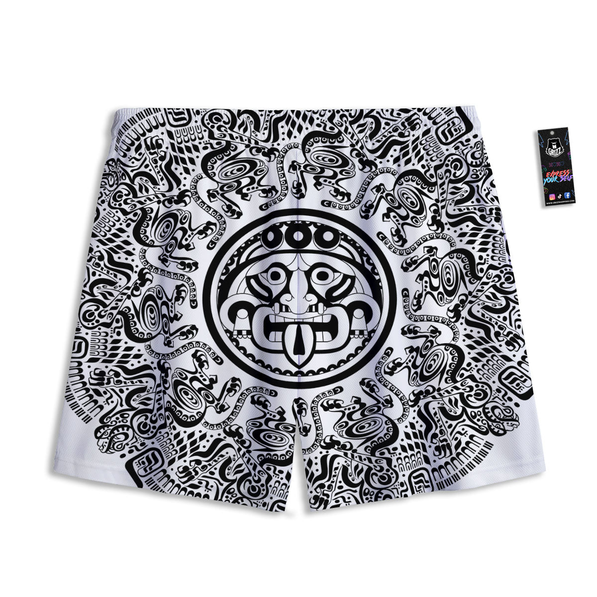 Maya Calendar White And Black Print Mesh Shorts
