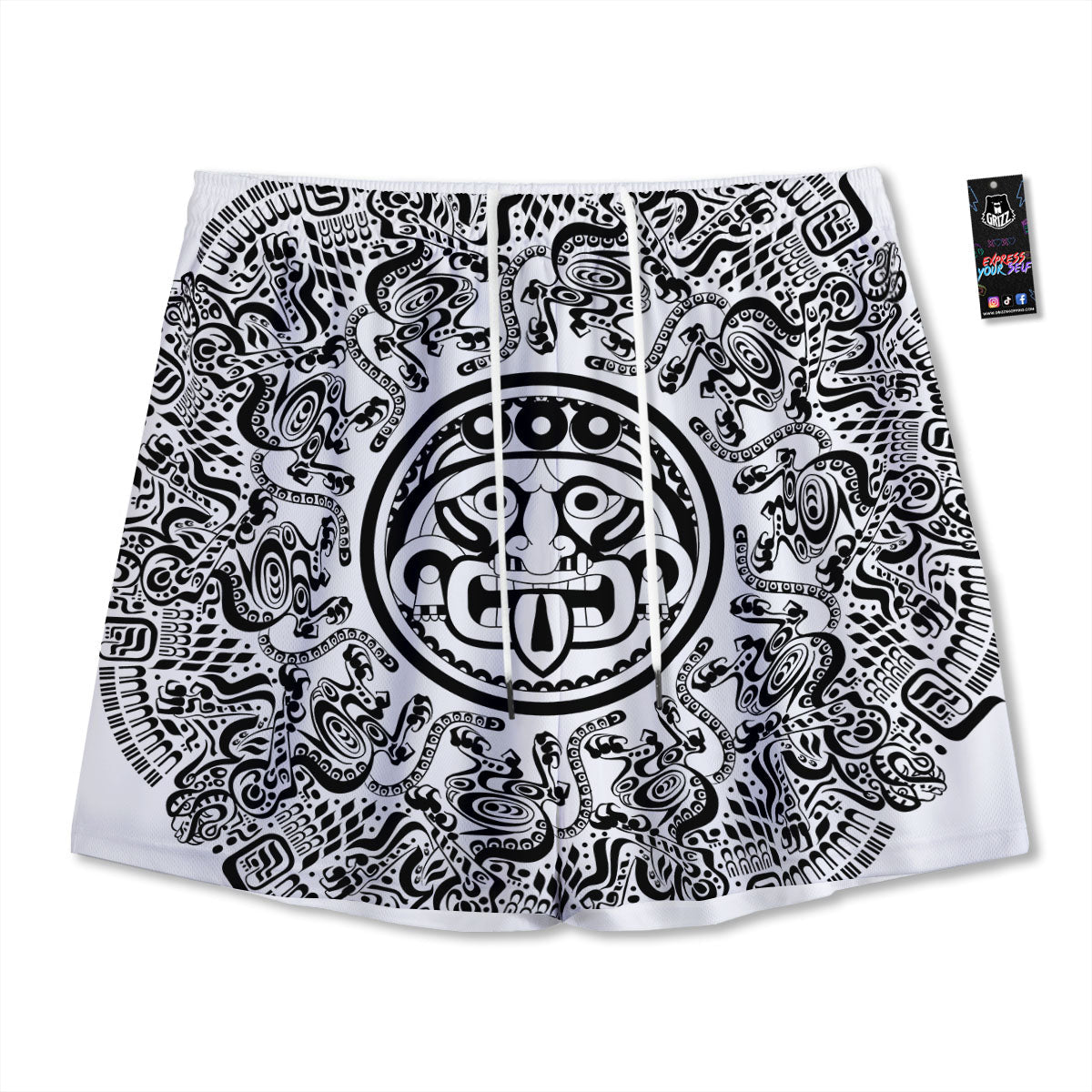 Maya Calendar White And Black Print Mesh Shorts