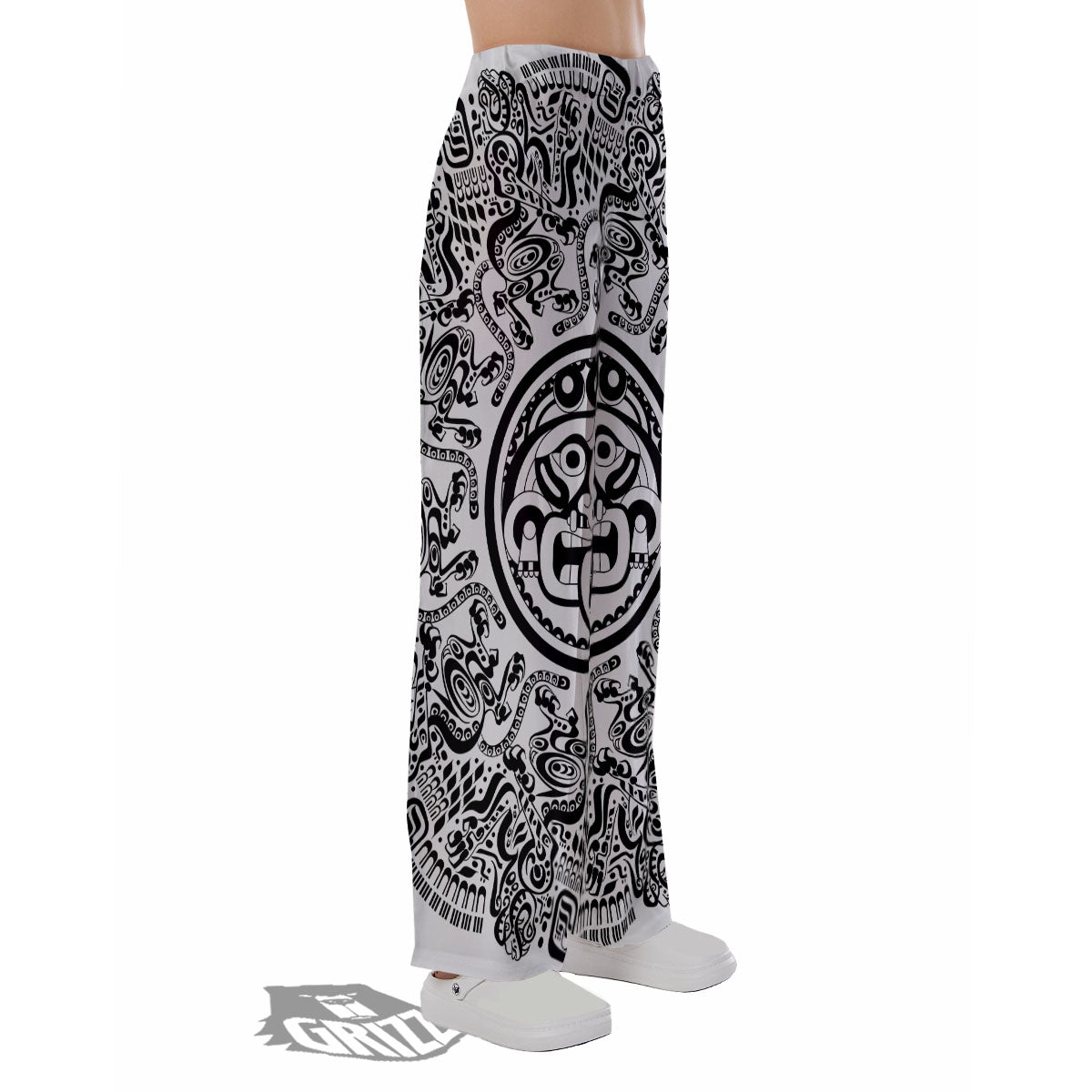 Maya Calendar White And Black Print Pajama Pants-grizzshop