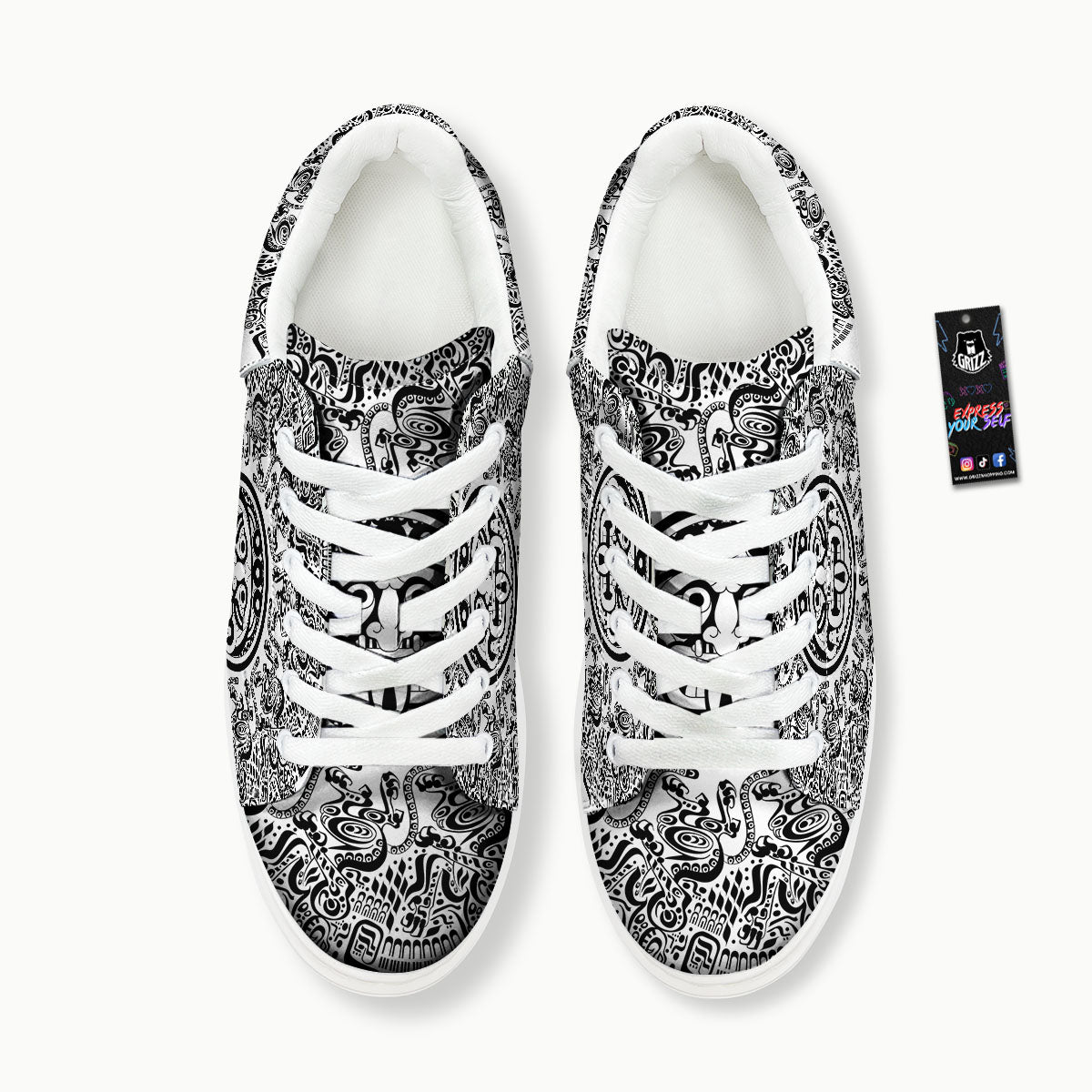 Maya Calendar White And Black Print Platform Shoes-grizzshop