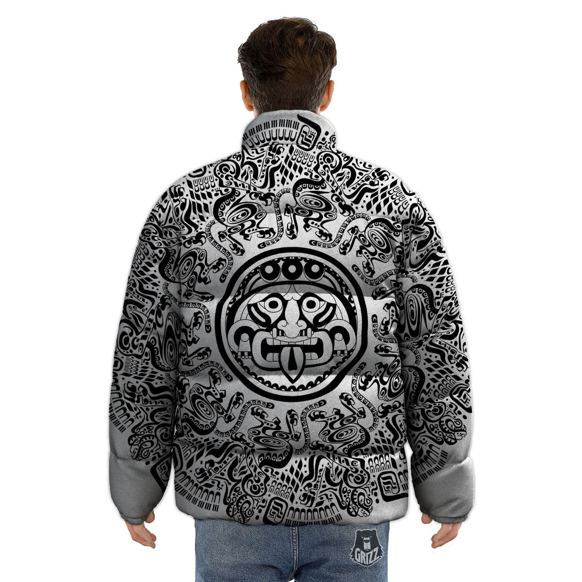 Maya Calendar White And Black Print Puffer Jacket-grizzshop