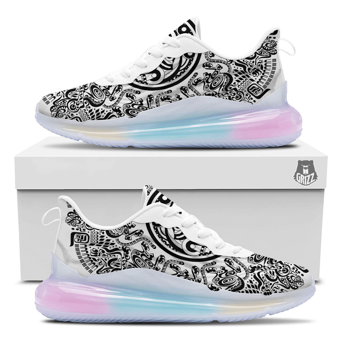 Maya Calendar White And Black Print Running Sneakers-grizzshop