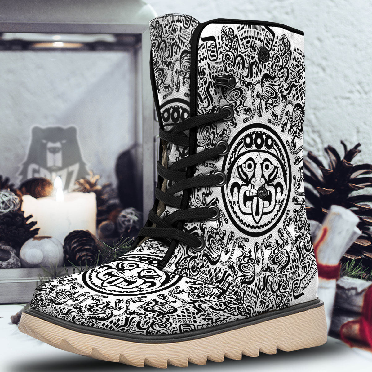 Maya Calendar White And Black Print Snow Boots-grizzshop