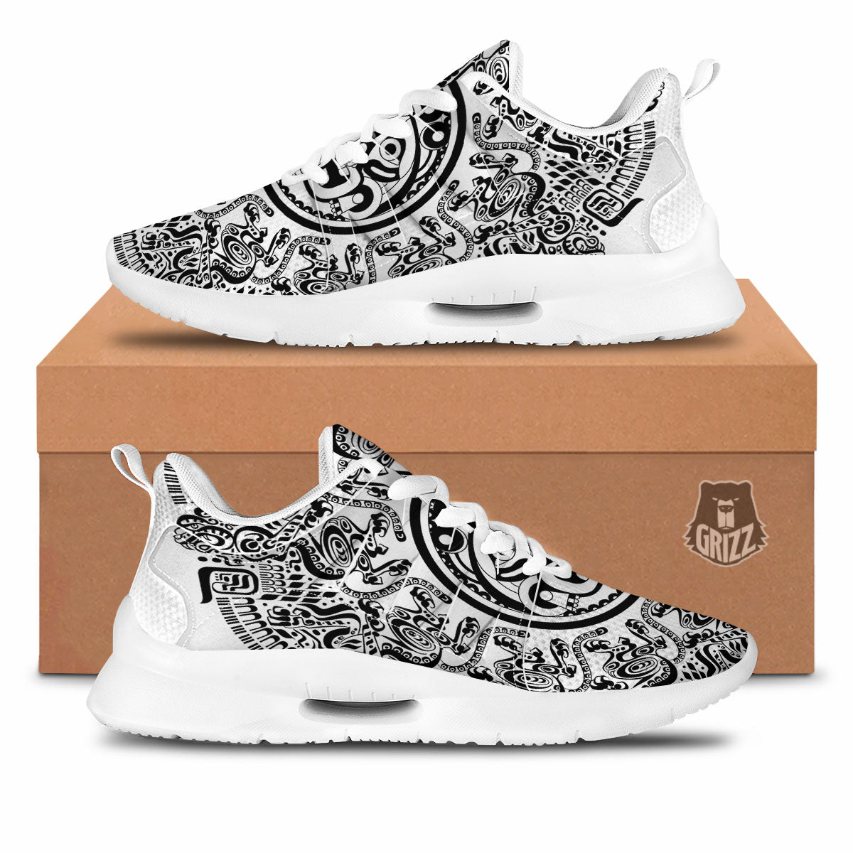 Maya Calendar White And Black Print Tennis Shoes-grizzshop