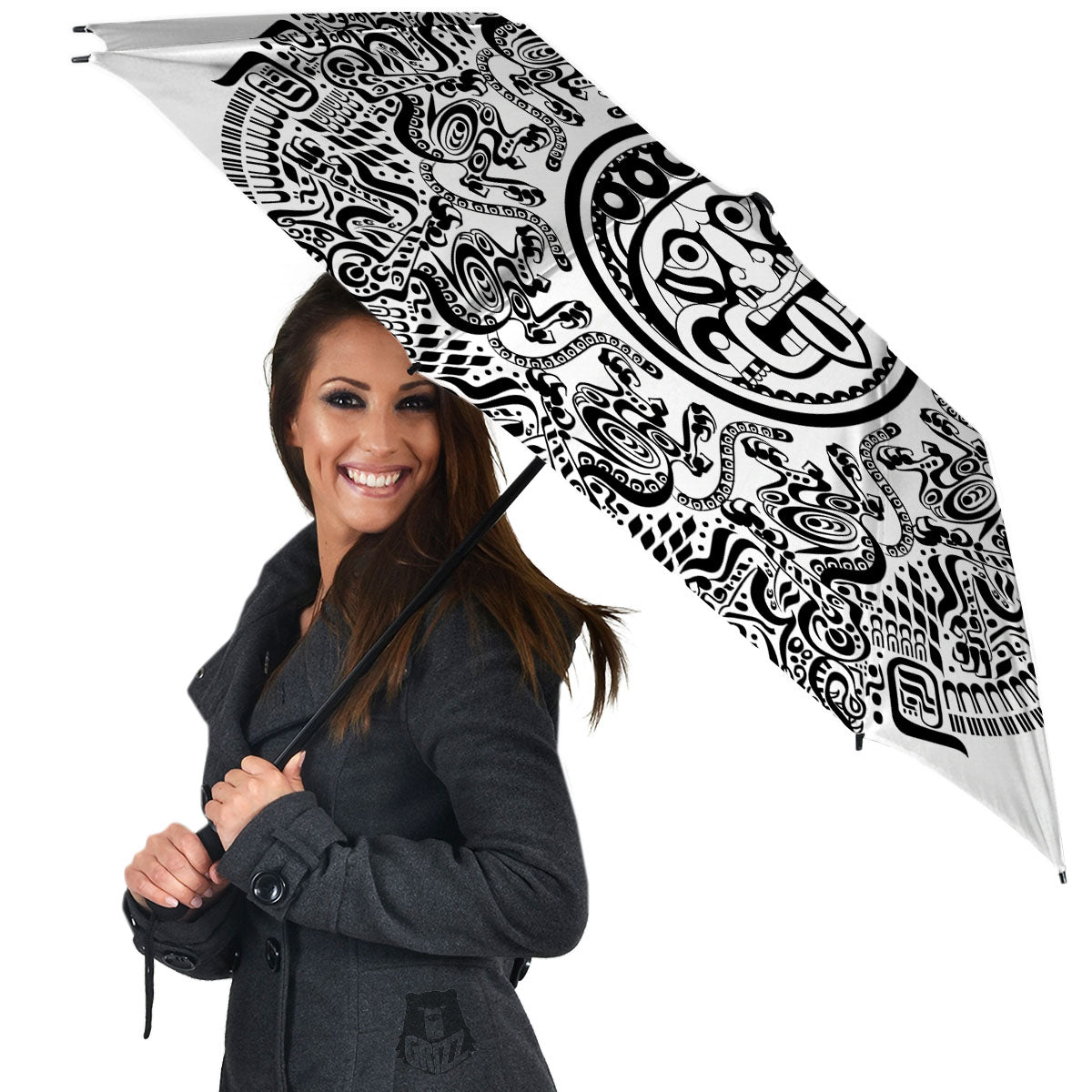 Maya Calendar White And Black Print Umbrella-grizzshop