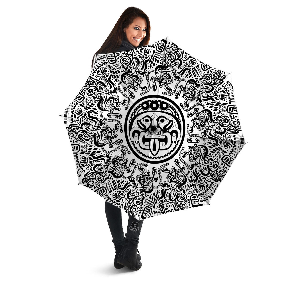 Maya Calendar White And Black Print Umbrella-grizzshop