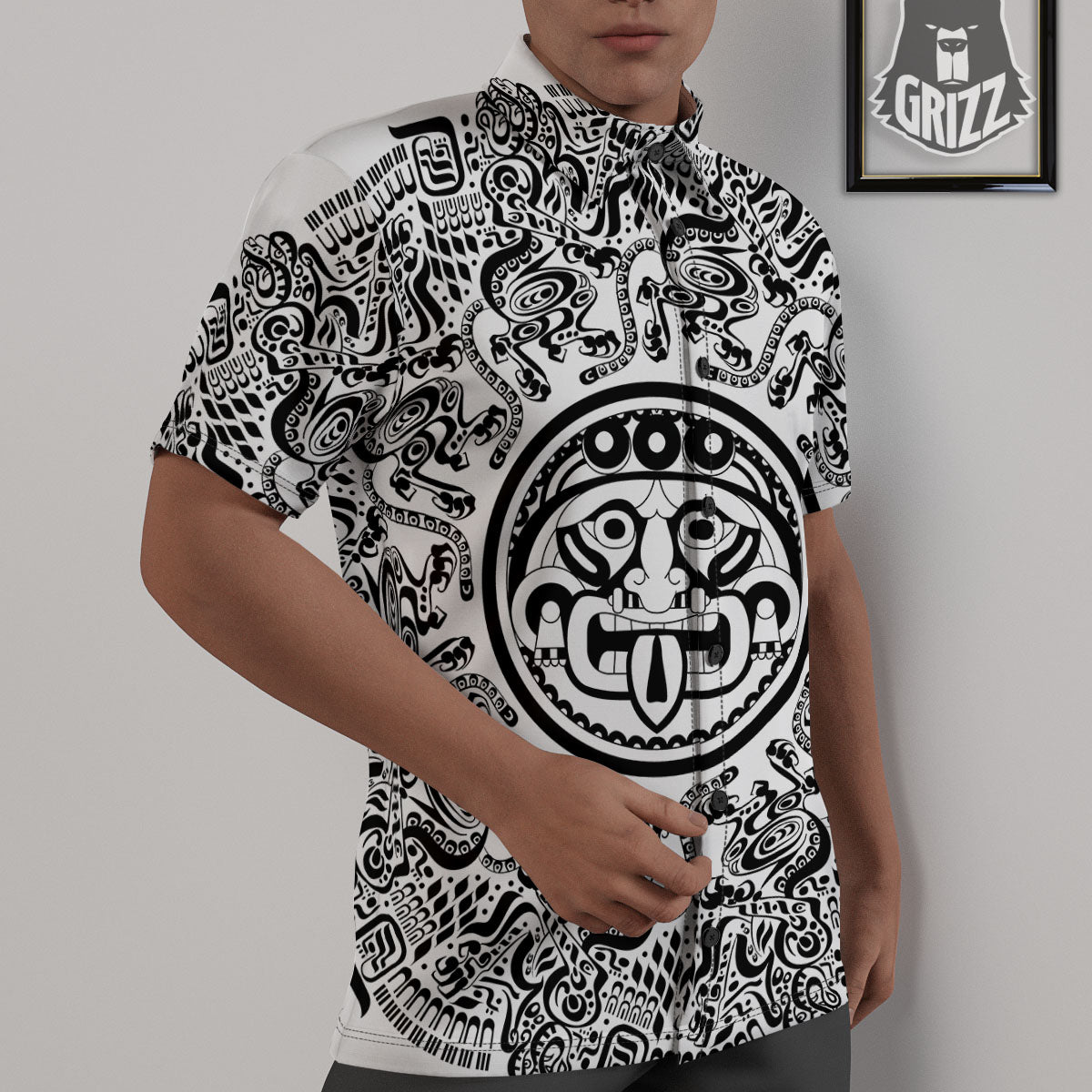 Maya Calendar White And Black Print Untucked Shirts-grizzshop