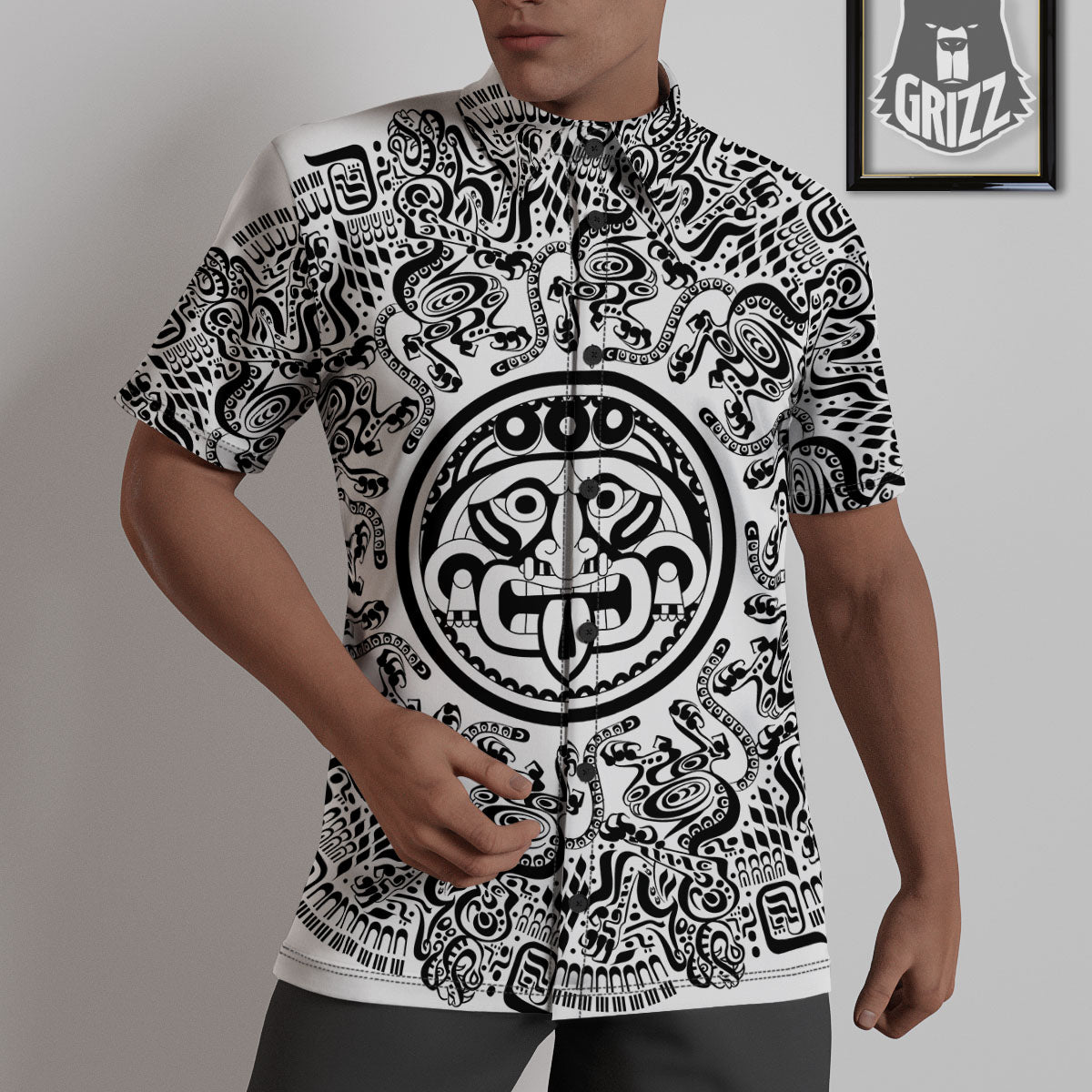 Maya Calendar White And Black Print Untucked Shirts-grizzshop