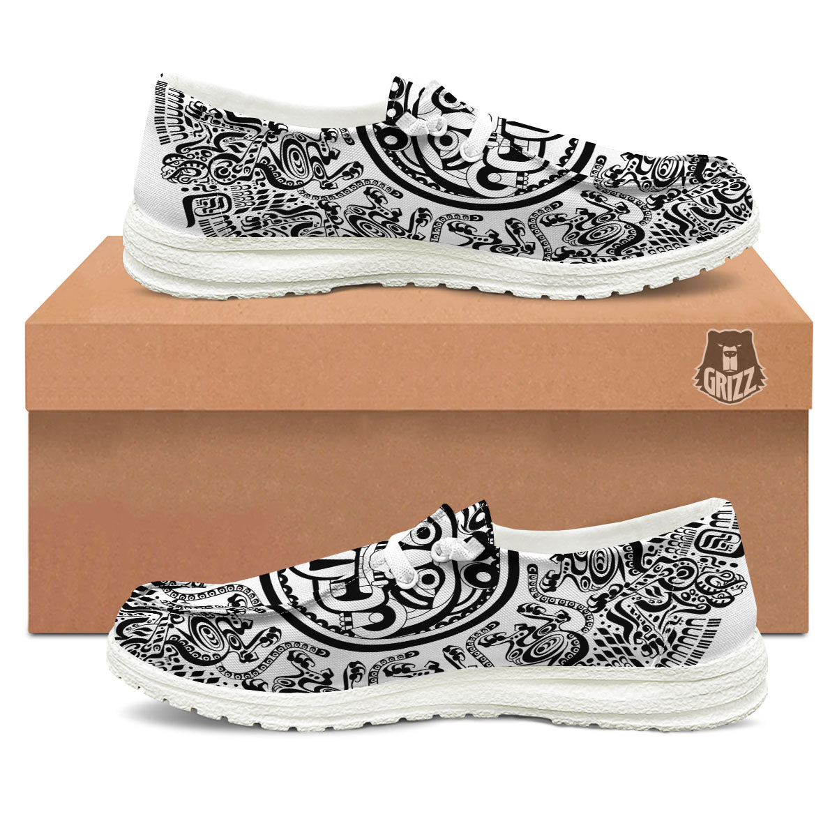 Maya Calendar White And Black Print White Loafers-grizzshop