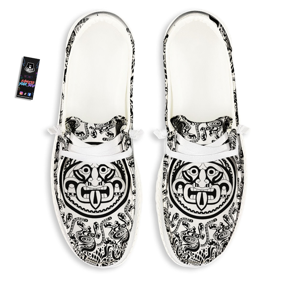 Maya Calendar White And Black Print White Loafers-grizzshop