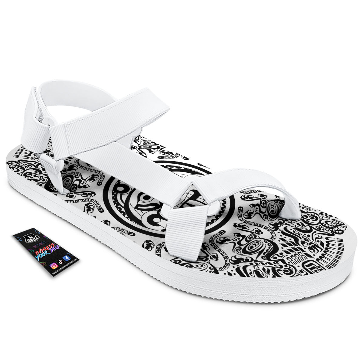 Maya Calendar White And Black Print White Open Toe Sandals-grizzshop