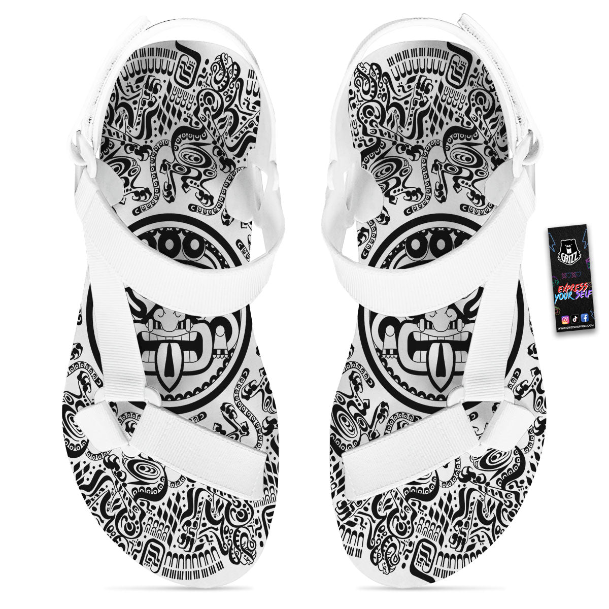 Maya Calendar White And Black Print White Open Toe Sandals-grizzshop